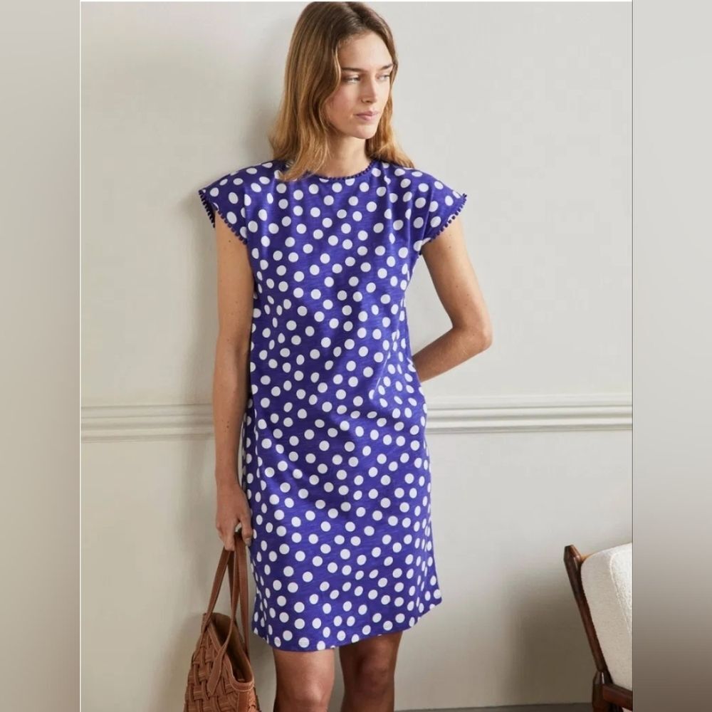 Boden Purple Polka Dot Shift Dress with White Dots
